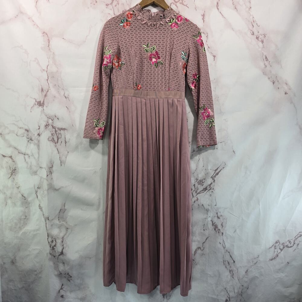Little Mistress Dress Womens 4 Petite Pink Floral Maxi Midi Lace High Neck Pleat